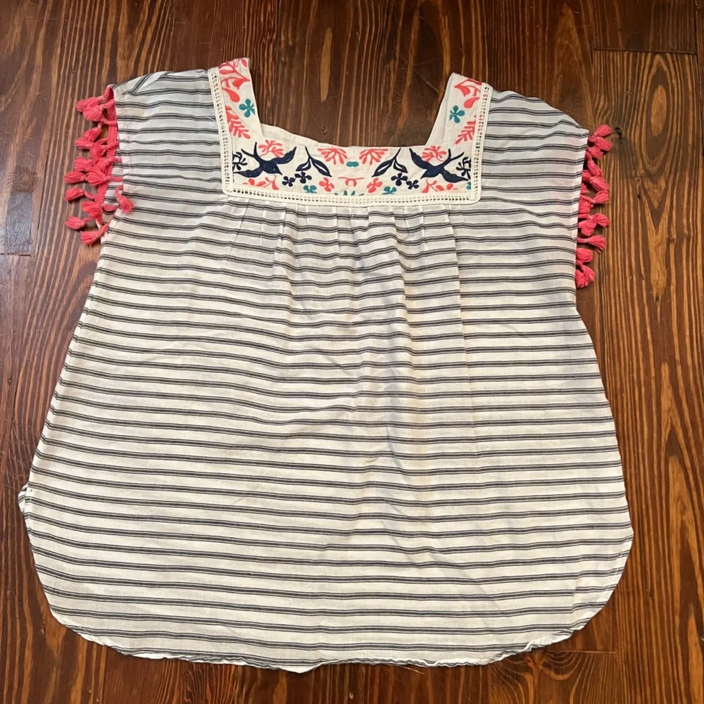 THML Striped Embroidery Top with Pink Tassel Trim on Sleeve - Picture 4 of 5
